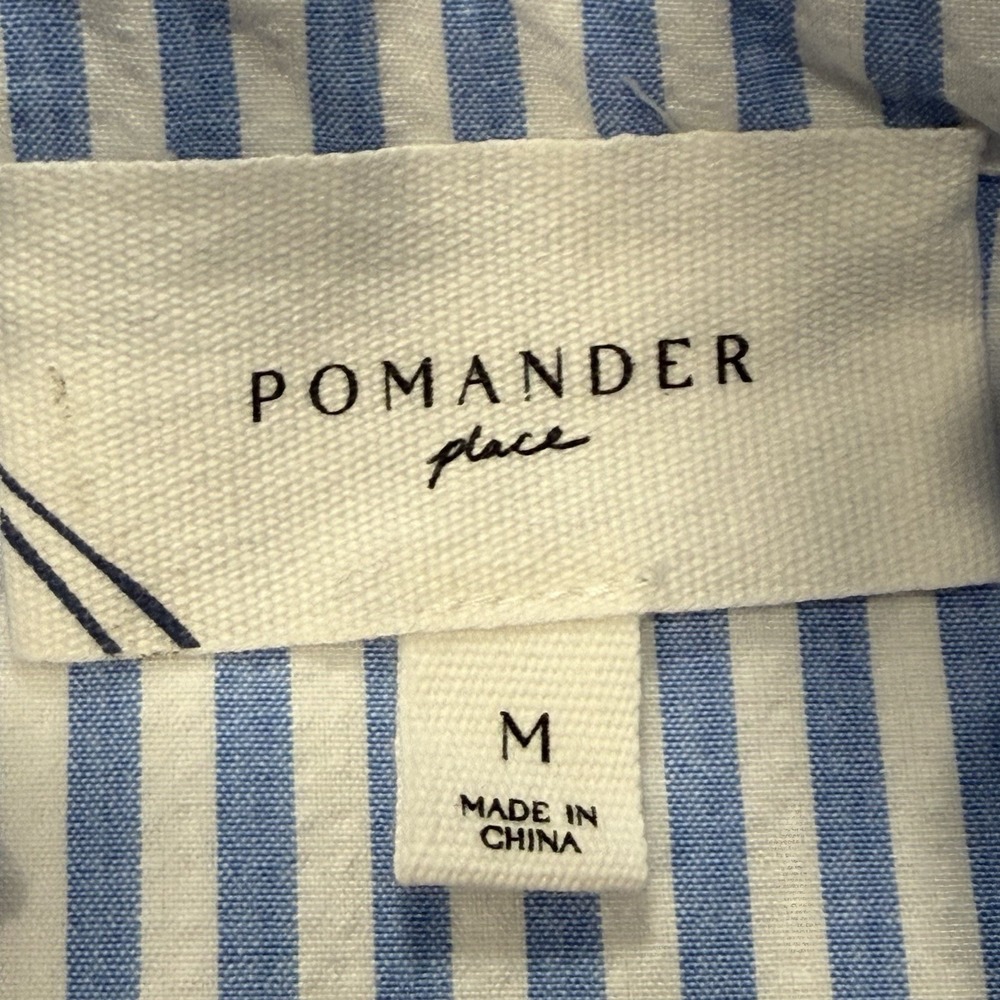 Pomander Place Blouse Womens Medium Blue White Stripe Puff Sleeve Ruffle Neck - Picture 6 of 9
